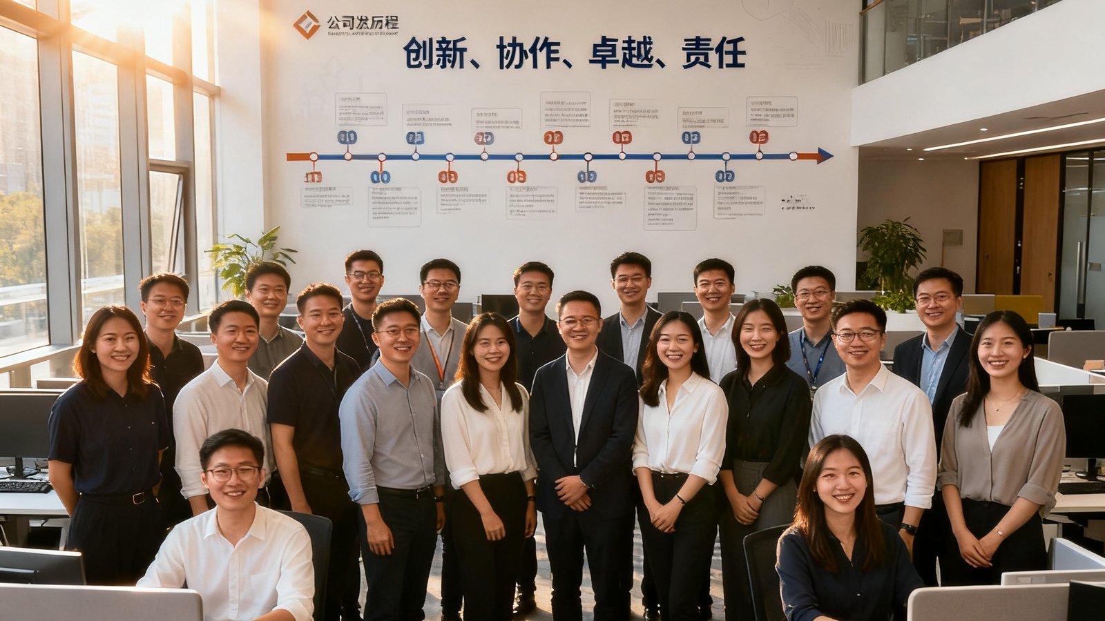ballbet贝博深圳总部团队合影，约30位员工在开放式办公区微笑面对镜头，背景墙面展示着公司发展历程时间轴和核心价值观标语，阳光透过落地窗洒入室内。