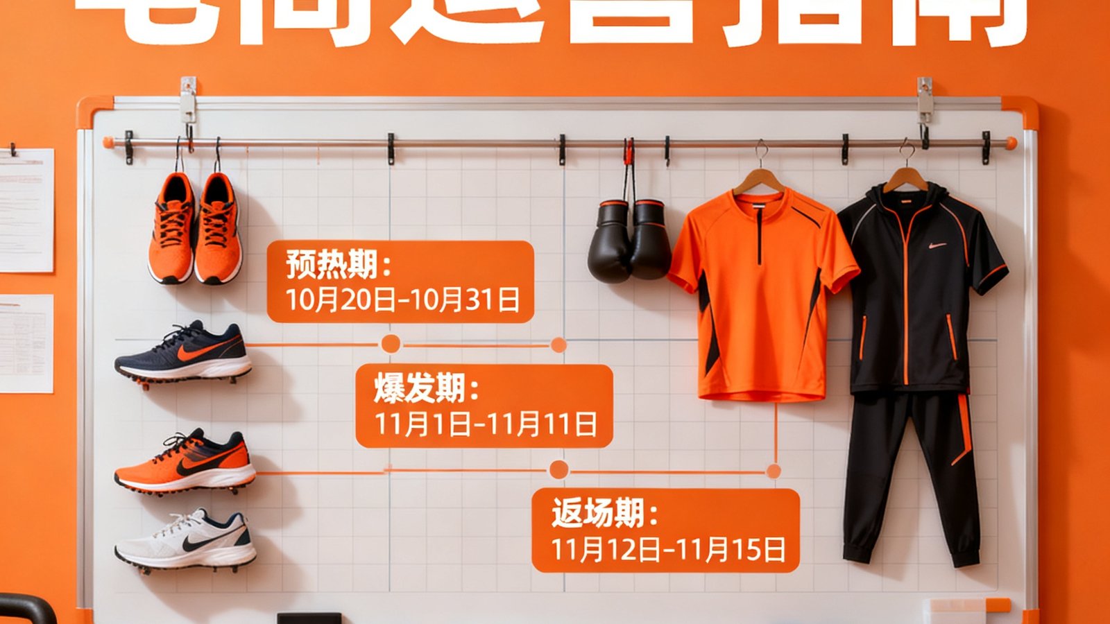 双十一大促备战指南封面，展示一个挂满运动装备的战术板，标注了预热期、爆发期和返场期的关键时间节点。